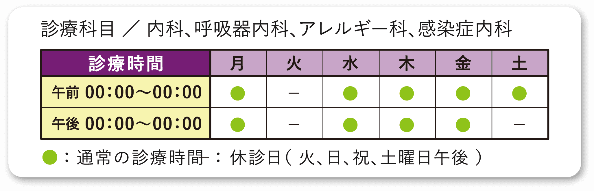 診療科目は内科、呼吸器内科、アレルギー科、感染症内科。診療時間は午前と午後で、月・水・木・金・土曜日の午前が通常診療時間。火曜日、日曜日、祝日は休診。土曜日午後も休診。